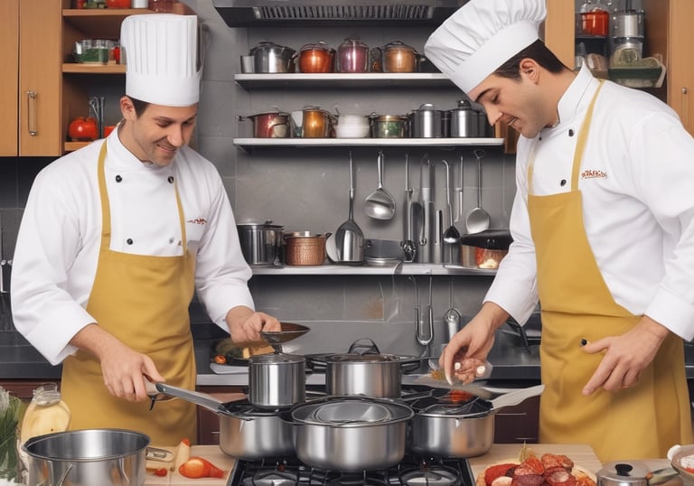 Restaurant kitchen staff working efficiently with consultant guidance.