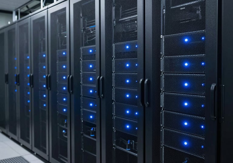 An organized and secure server room in a North American / US facility, with dark navy server racks and soft blue status lights.