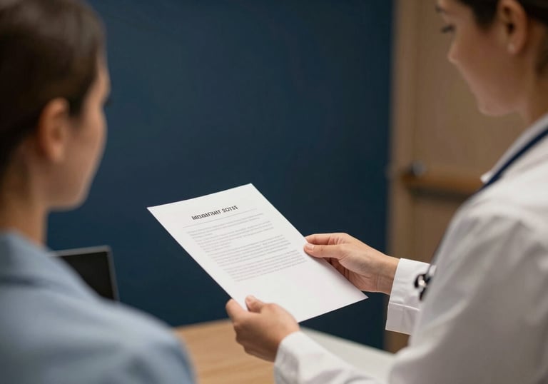 A supportive administrative specialist in a North American / US healthcare clinic office, handing a pearl white document to a colleague. The setting is warm with dark navy blue accents.