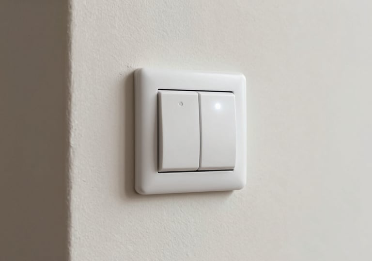 A smart lighting wall switch with a glowing LED indicator inside a modern South American / Brazilian home. The wall is painted a subtle Off-White. Professional composition focusing on technology and ease of use.