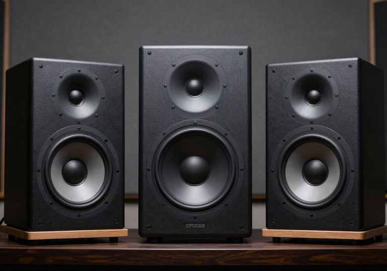 High-end studio monitor speakers standing in a professional sound studio in Latin America. The background is a minimalist charcoal grey acoustic wall. Sharp, high-contrast professional photography.