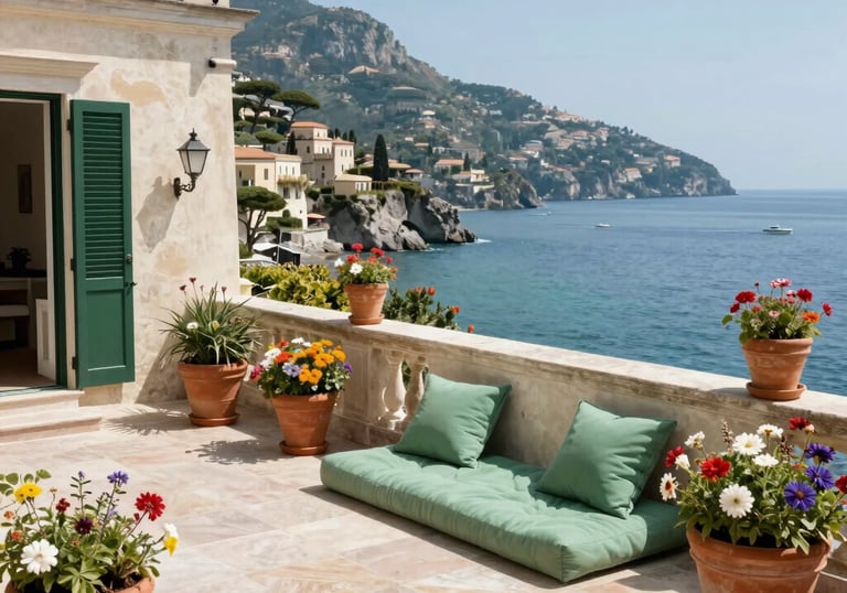 A luxury villa terrace in San Michele di Pagana, Italian Riviera / Ligurian Coast, decorated with terracotta pots, Mediterranean flowers, and sea green cushions, overlooking the bay.