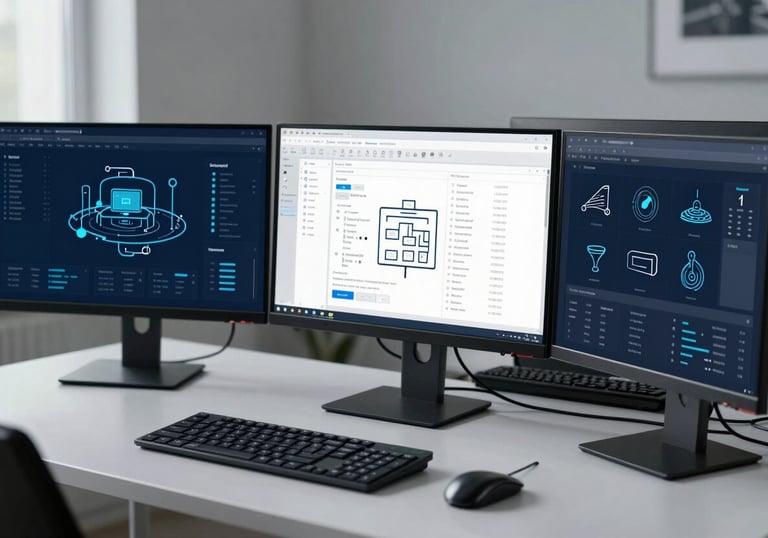 An elegant European workspace with multiple monitors displaying data and networking icons, professional and high-tech atmosphere, light grey and navy blue palette.
