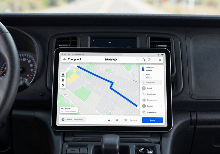 A top-down view of a tablet showing a navigation map with a clear route highlighted in blue, placed next to a truck dashboard, symbolizing strategic route planning.