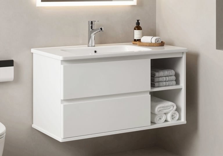 Technician inspecting paint equipment parts in a workshop with red and black accents.