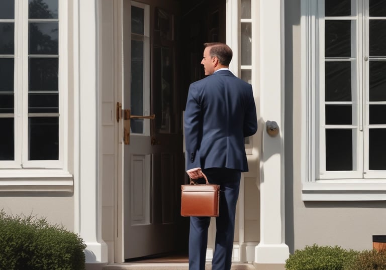A confident salesperson shaking hands with a happy homeowner after closing a deal.