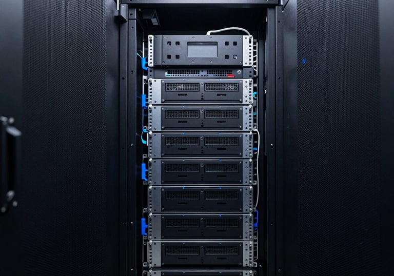 A clean, high-contrast photograph of a server room with glowing soft gray lights and steel blue accents, representing the robust technical backbone of a Quantum Designer website.