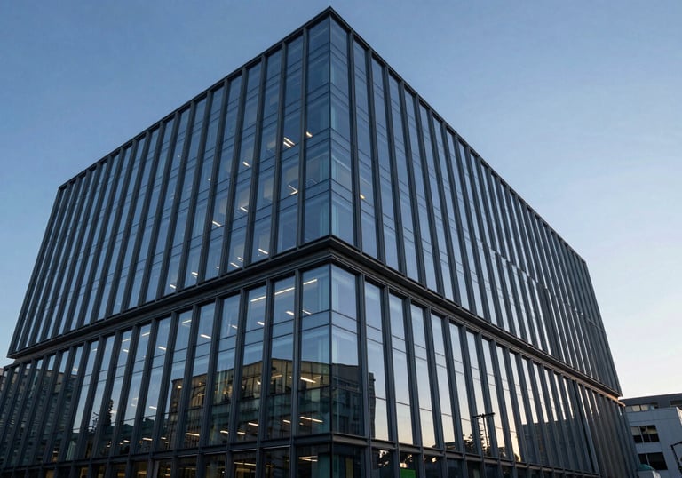 A modern, professional office building exterior with glass walls reflecting a clear Sky Blue sky at dusk.