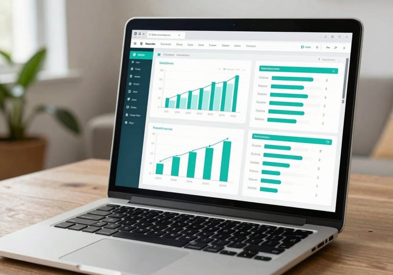 Photography of a sleek, modern laptop screen showing a vibrant educational dashboard with progress charts in Teal. Located in a bright room with Latin American / General Spanish-speaking decor and indoor plants.