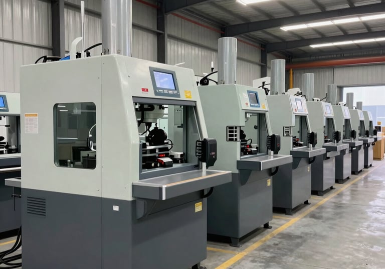 Close-up of a heavy-duty industrial lathe machine in a bright factory setting.