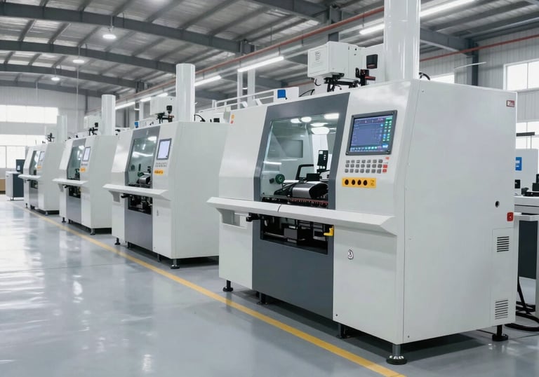 Industrial machines lined up in a spacious warehouse ready for sale.
