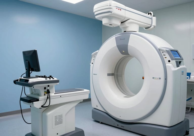 A modern North American diagnostic room featuring advanced medical imaging equipment and clean blue and white interior design.