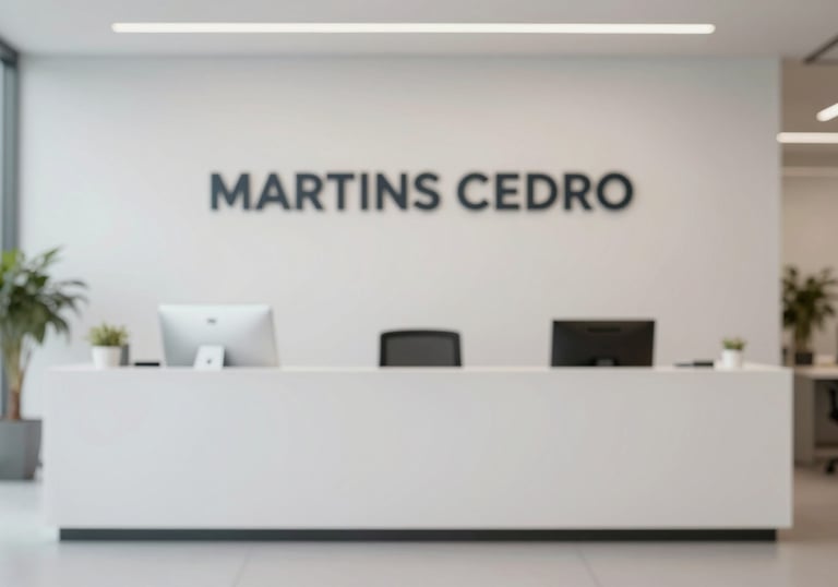 Minimalist office interior with a focus on a professional contact desk, featuring the MARTINS CEDRO brand colors in subtle decor.