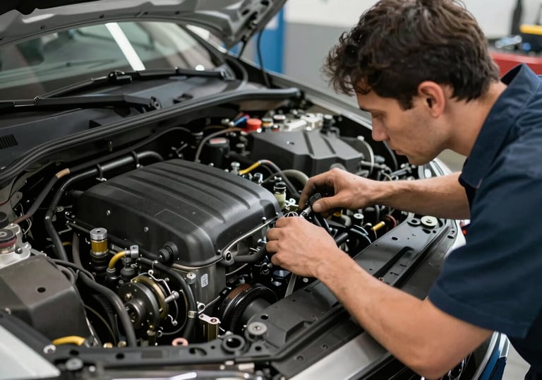 A professional mechanic inspecting a car engine in a clean, organized garage, reflecting technical expertise and quality control.