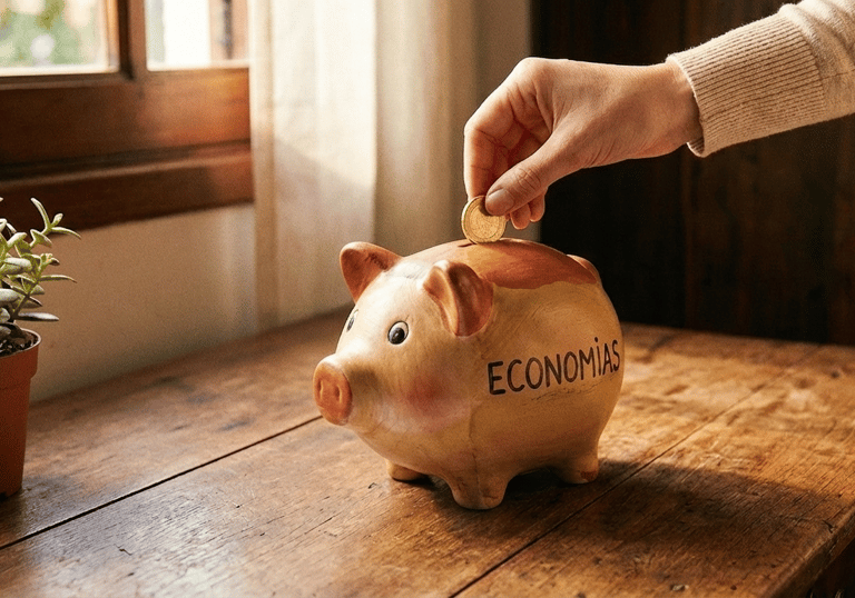 Uma pessoa colocando uma moeda em um cofrinho.