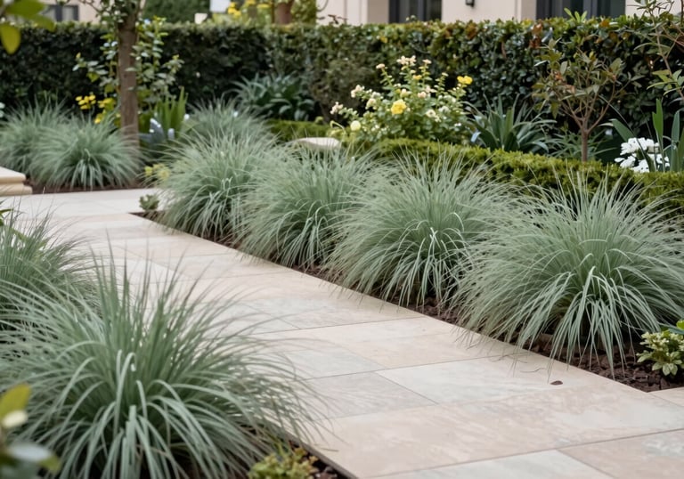 A wide angle shot of a beautifully maintained residential garden in Central Europe / France, featuring Sage Green decorative grasses and neat stone pathways, showcasing professional landscaping.