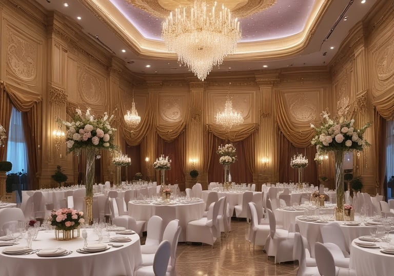 A beautifully decorated event hall with elegant table settings and warm lighting.