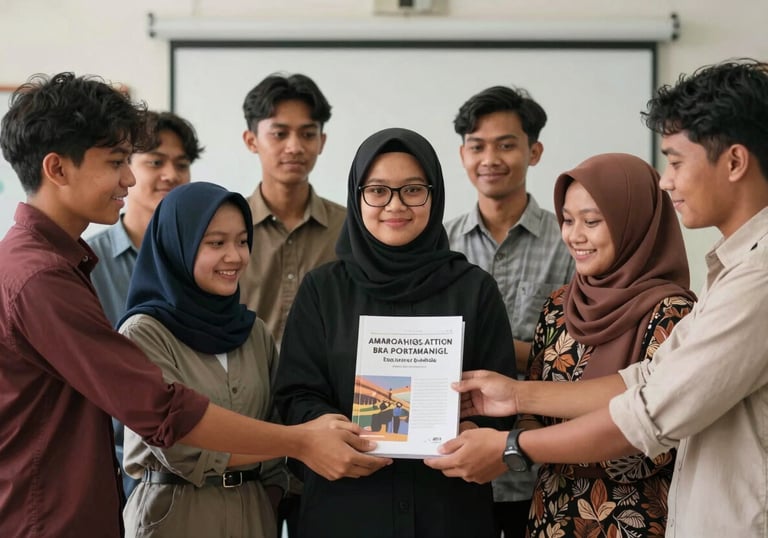 A happy group of Indonesian students and a lecturer holding a published book, celebrating academic success, bright indoor lighting, professional photography.
