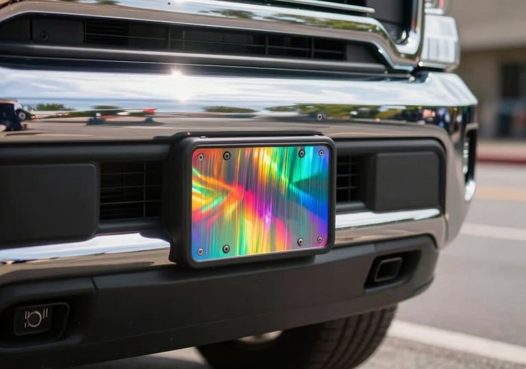 A vibrant reflective vinyl sticker applied to a modern truck bumper, shining under bright natural daylight on a North American street.