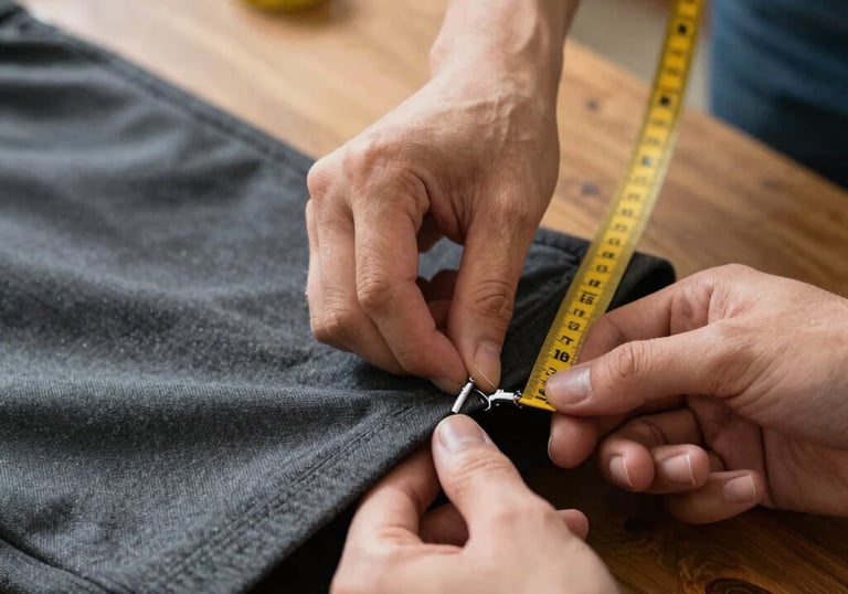 Hands skillfully hemming a pair of men's trousers with detailed stitching under warm lighting.