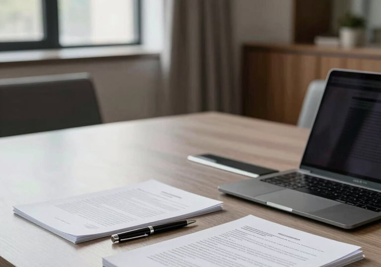 Professional businesswoman signing legal contract documents at a desk with a laptop.