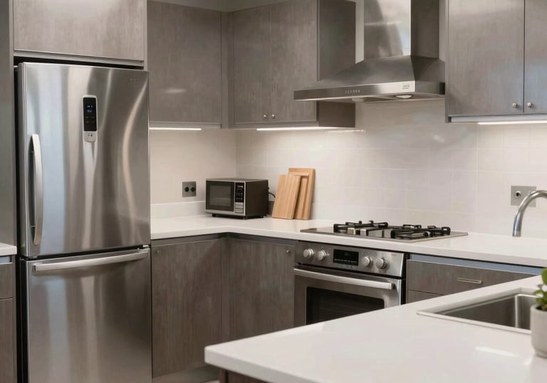 A sparkling clean corporate breakroom and kitchen area in a North American office building, featuring stainless steel appliances and white countertops.