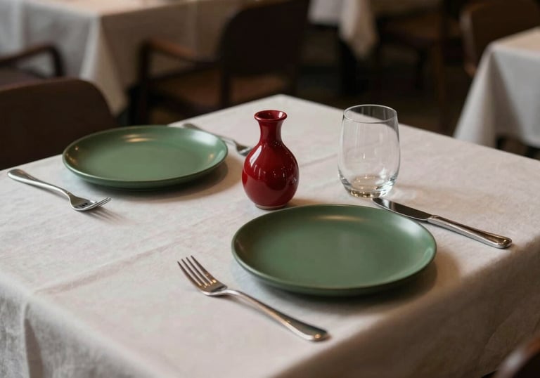 A cozy restaurant table setting with a crisp parchment tablecloth, a small crimson vase, and matte forest green plates.
