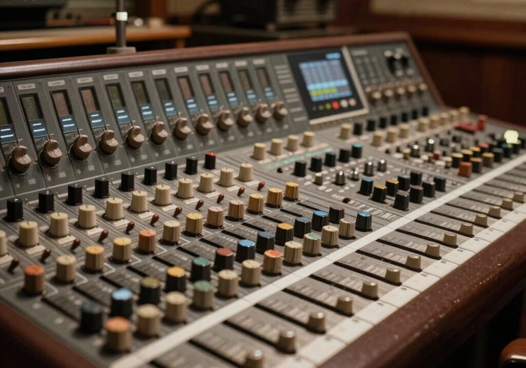 An old-fashioned microphone standing proudly against a backdrop of wooden panels.