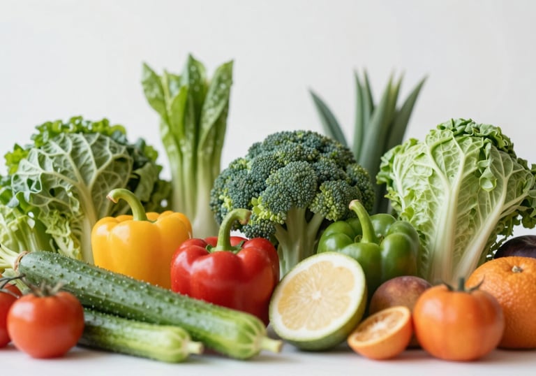 A high-quality, professional studio shot of various fresh vegetables and fruits, arranged neatly. The lighting is bright and clean, emphasizing freshness, with subtle color accents of #8BA89D and #2D5C5A in the styling.