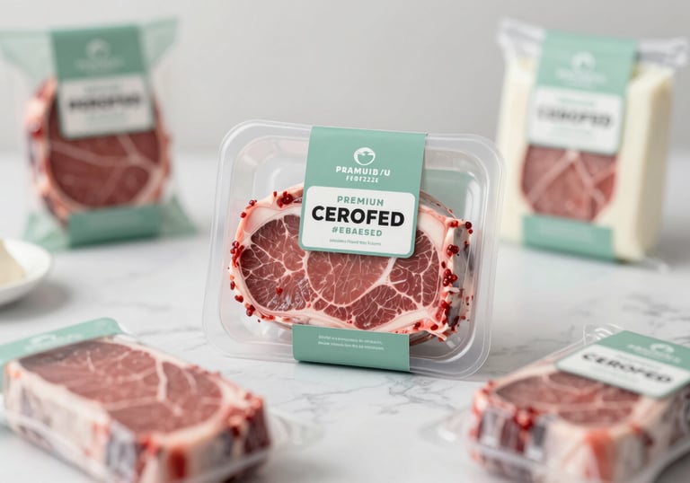 A clean, commercial photograph of packaged premium beef cuts and dairy products on a marble surface. The lighting is crisp and cool, featuring tones of #EBF3EE and #8BA89D.