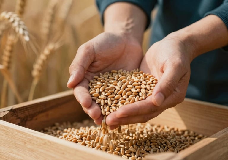 A professional image of organic wheat grains falling through a person's hands into a wooden crate. The lighting is warm and natural, using a palette that emphasizes the golden grains and deep teal shadows (#0E2A2E).