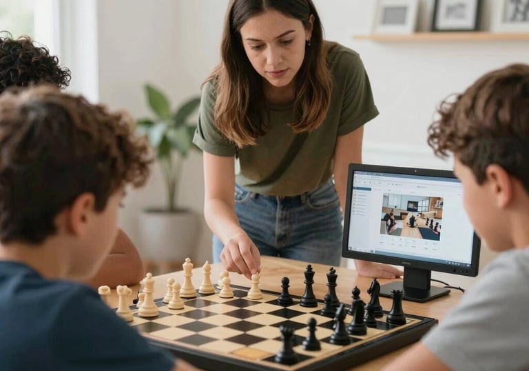 A smiling child concentrating on a digital chessboard during an online lesson.