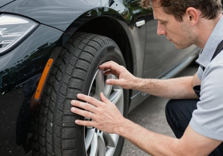 Technician performing a detailed vehicle inspection at a dealership parking lot.
