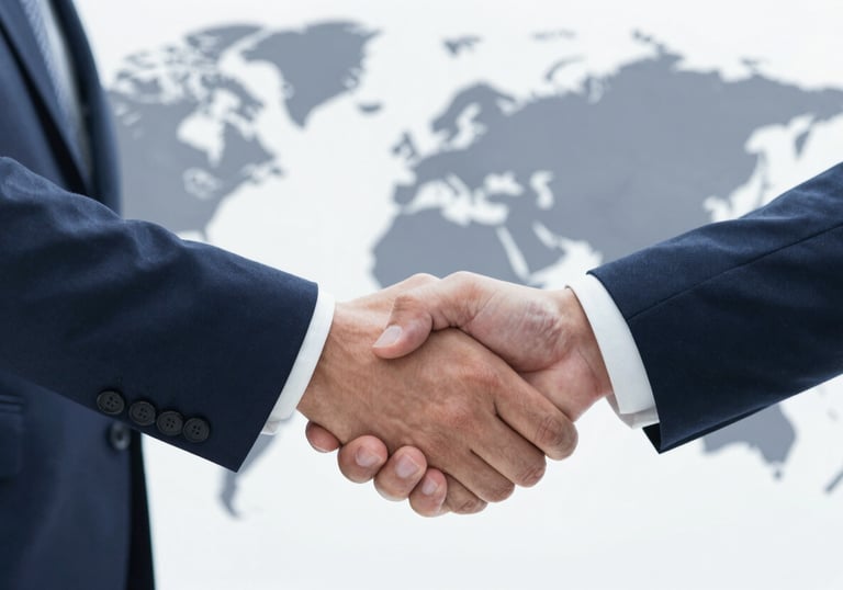 Close-up of a professional handshake between two business people in front of a world map, representing trust and partnership, with #0A1F28 palette.