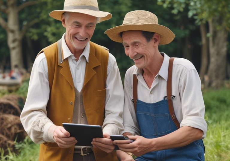 A farmer receiving hands-on help installing software on a tablet in a rustic barn.