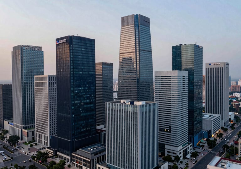 An aerial view of the modern Gurugram skyline at dusk, showcasing steel and glass buildings in deep navy and light gray-blue tones, representing the firm's operational base.