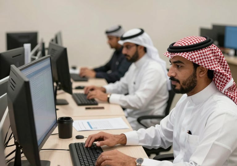 A confident team collaborating around a table with laptops and documents.