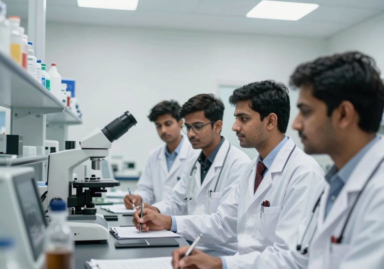 A group of South Asian / Indian medical students in white coats collaborating in a bright, modern laboratory with high-tech equipment, reflecting a professional and clean clinical atmosphere.