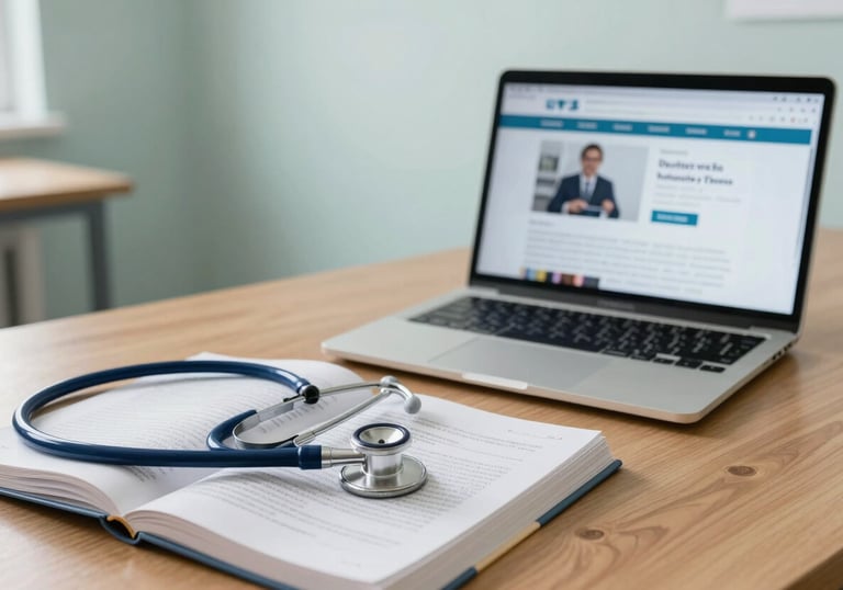 An organized student workspace with a stethoscope, a medical textbook, and a laptop showing an online training module, in a room with soft natural lighting and pale mist colored walls.