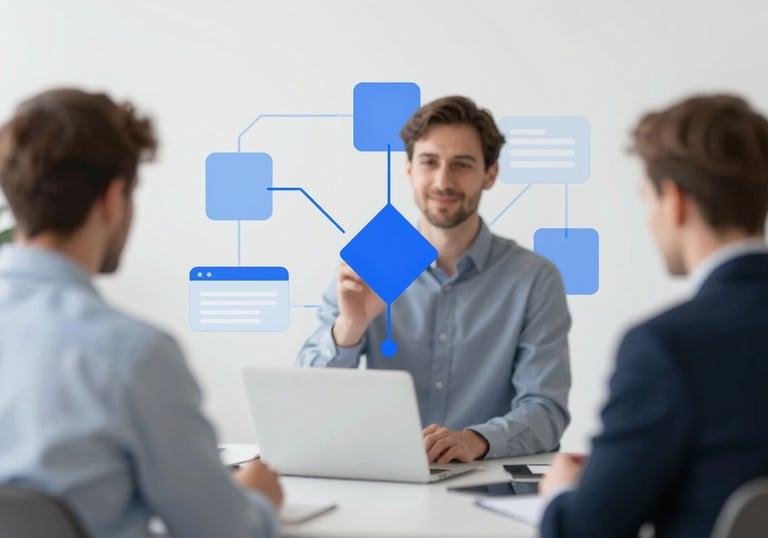 An image symbolizing business innovation, featuring clean, abstract geometric shapes that suggest connectivity and forward-thinking management solutions.