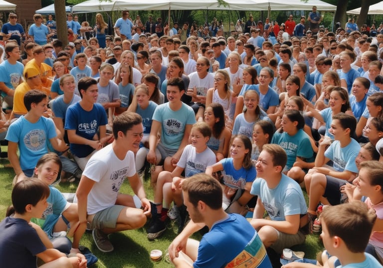 Campfire gathering with motorhomes parked around, people sharing stories under starry night.