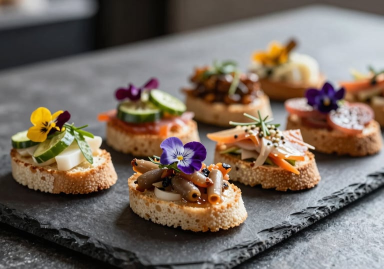 Detailed shot of gourmet canapés presented on a slate platter, featuring fresh Mediterranean ingredients and edible flowers. Professional culinary lighting, clean and modern style. European / Português.