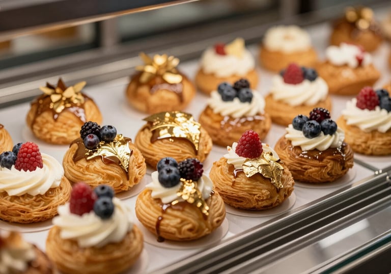 An elegant dessert display featuring traditional Portuguese pastries with a modern aesthetic, decorated with gold leaf and fresh berries. European / Português pastry shop style.