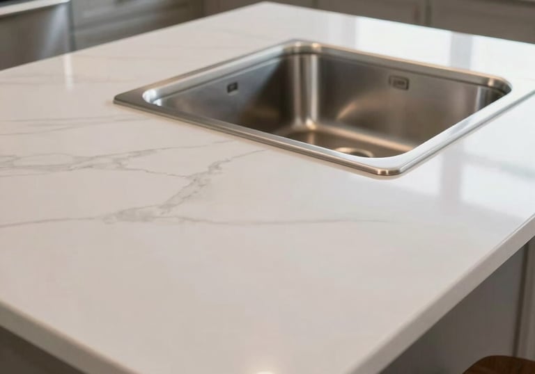 A gleaming, professionally cleaned kitchen island in a North American suburban home, with light reflecting off the stainless steel sink.