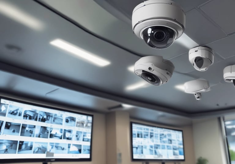 Close-up of a CCTV camera mounted on a brick wall overlooking a storefront.