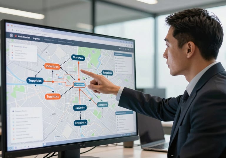 A professional North American logistics consultant pointing at a digital map in a bright, modern office, showcasing strategic supply chain management.