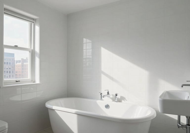 A luxury New York City bathroom interior after full restoration, featuring white tiles and a brilliant bathtub, minimalist decor, natural light, clean and spacious.