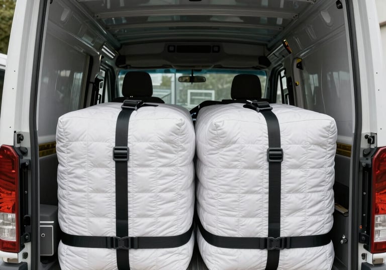 Photography of a clean, well-organized interior of a large white moving truck with quilted moving blankets and professional straps ready for loading.