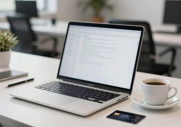 Clean minimalist workplace in a Brazilian tech hub, featuring an open laptop, a cup of coffee, and a black credit card, soft focus background.