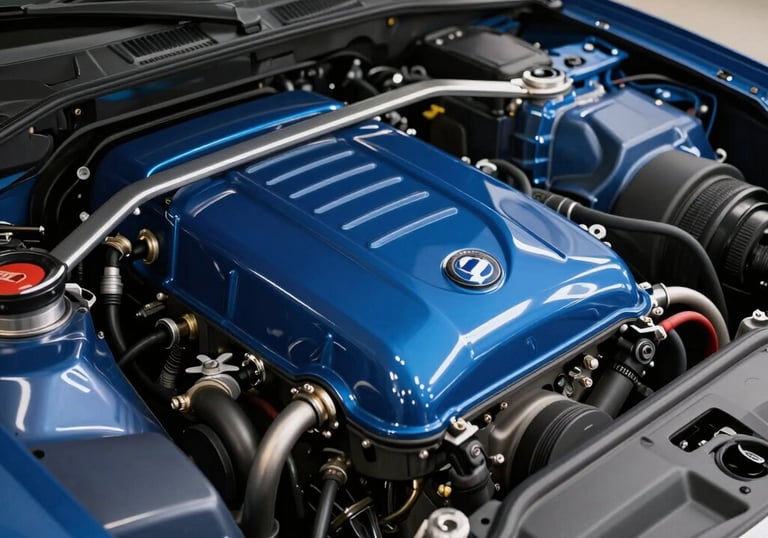 Close-up photography of a pristine car engine bay after a professional detail, every surface clean and protected, North American garage setting, Delft Blue and Platinum lighting style.